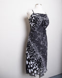 1990's-Y2K Black & White plus size spaghetti strap bias cut floral & polka dot dress