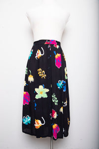 1990's Black button down skirt with lime green, fuschia & orange florals