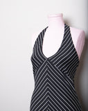 Y2K Black Halter dress with white pinstriped print