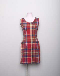 1990's Red sleeveless mini plaid dress