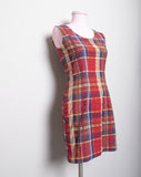 1990's Red sleeveless mini plaid dress