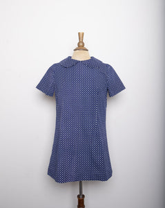 1960-70's Mod inspired Homemade Navy mini dress/tunic with tiny polka dot print & a peter pan collar