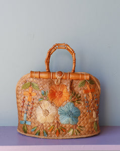 1970's Straw Rattan woven floral handbag