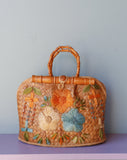 1970's Straw Rattan woven floral handbag