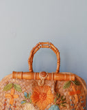 1970's Straw Rattan woven floral handbag