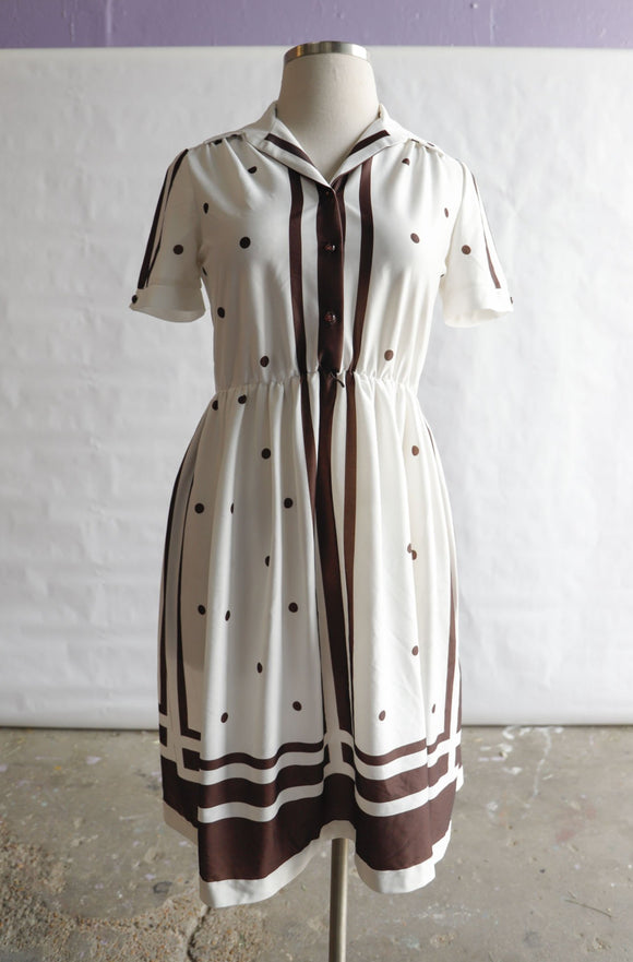 1970's Brown & White Polka &  Stripe Dress