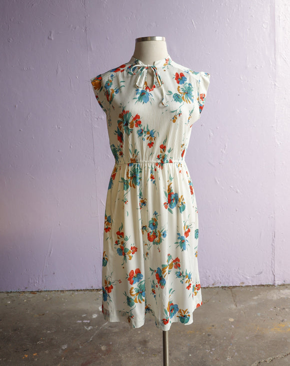 1970's White dress with red, turquoise & orange flowers