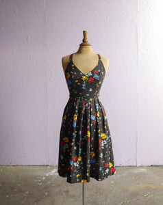 1970's Lanz original Black floral sleeveless dress with criss-cross back.