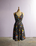 1970's Lanz original Black floral sleeveless dress with criss-cross back.