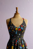 1970's Lanz original Black floral sleeveless dress with criss-cross back.