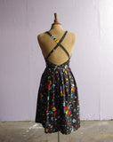 1970's Lanz original Black floral sleeveless dress with criss-cross back.