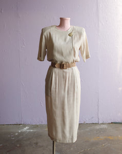 1980'90's tan & white pinstriped dress w/belt and big button.