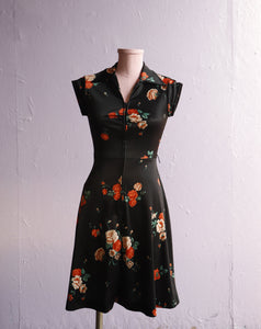 1970's Black mini zip dress with orange & white flowers