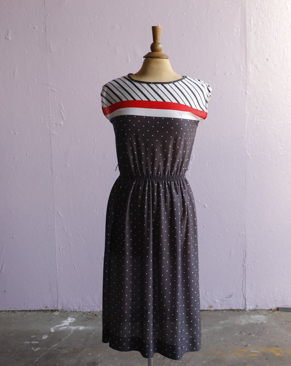 1970's Black, Red & white striped & polka dot jersey dress Vida Antigua Collective 1970's Black, Red & white striped & polka dot jersey dress Vida Antigua Collective