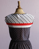 1970's Black, Red & white striped & polka dot jersey dress