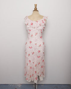 1990's-Y2K Ivory bias dress with dainty pink florals and ruffle shoulders