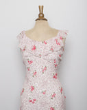 1990's-Y2K Ivory bias dress with dainty pink florals and ruffle shoulders