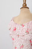 1990's-Y2K Ivory bias dress with dainty pink florals and ruffle shoulders