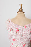 1990's-Y2K Ivory bias dress with dainty pink florals and ruffle shoulders