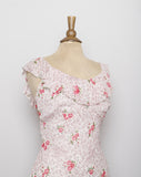 1990's-Y2K Ivory bias dress with dainty pink florals and ruffle shoulders