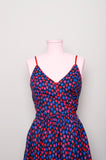 1970's Lanz Navy blue sleeveless dress with red, fuchsia and blue tulip floral print