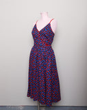 1970's Lanz Navy blue sleeveless dress with red, fuchsia and blue tulip floral print