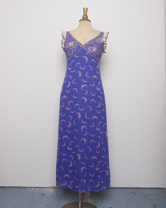1990's/Y2k Shelli Segal Laundry Periwinkle slip maxi dress with dainty florals and ruffled shoulders