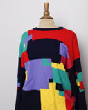 1990's Navy Blue and multi color geo color block pull over wool sweater