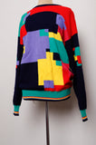 1990's Navy Blue and multi color geo color block pull over wool sweater