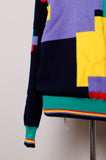 1990's Navy Blue and multi color geo color block pull over wool sweater