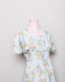 1970's Baby blue Boho flutter sleeve mini dress with blue and golden florals