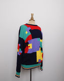 1990's Navy Blue and multi color geo color block pull over wool sweater