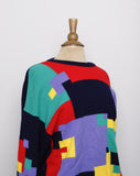 1990's Navy Blue and multi color geo color block pull over wool sweater