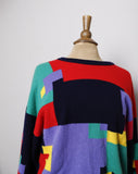 1990's Navy Blue and multi color geo color block pull over wool sweater