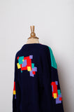 1990's Navy Blue and multi color geo color block pull over wool sweater