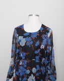 1970's Black Plus size long sleeve dress with blue florals