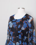 1970's Black Plus size long sleeve dress with blue florals