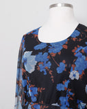 1970's Black Plus size long sleeve dress with blue florals