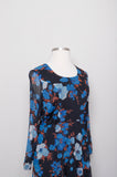 1970's Black Plus size long sleeve dress with blue florals