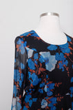 1970's Black Plus size long sleeve dress with blue florals