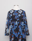 1970's Black Plus size long sleeve dress with blue florals