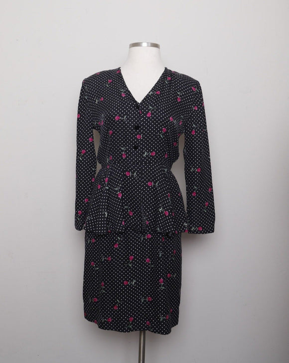 1990's Black long sleeve peplum silk dress with polka dot and fuchsia rose print