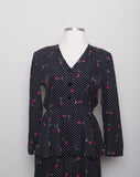 1990's Black long sleeve peplum silk dress with polka dot and fuchsia rose print