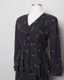 1990's Black long sleeve peplum silk dress with polka dot and fuchsia rose print