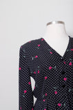 1990's Black long sleeve peplum silk dress with polka dot and fuchsia rose print