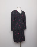 1990's Black long sleeve peplum silk dress with polka dot and fuchsia rose print