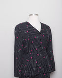 1990's Black long sleeve peplum silk dress with polka dot and fuchsia rose print