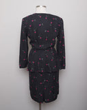 1990's Black long sleeve peplum silk dress with polka dot and fuchsia rose print