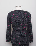 1990's Black long sleeve peplum silk dress with polka dot and fuchsia rose print