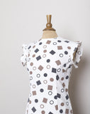 1970's White Sleeveless drop waist Mini Mod Dress with a black & brown geo shape print